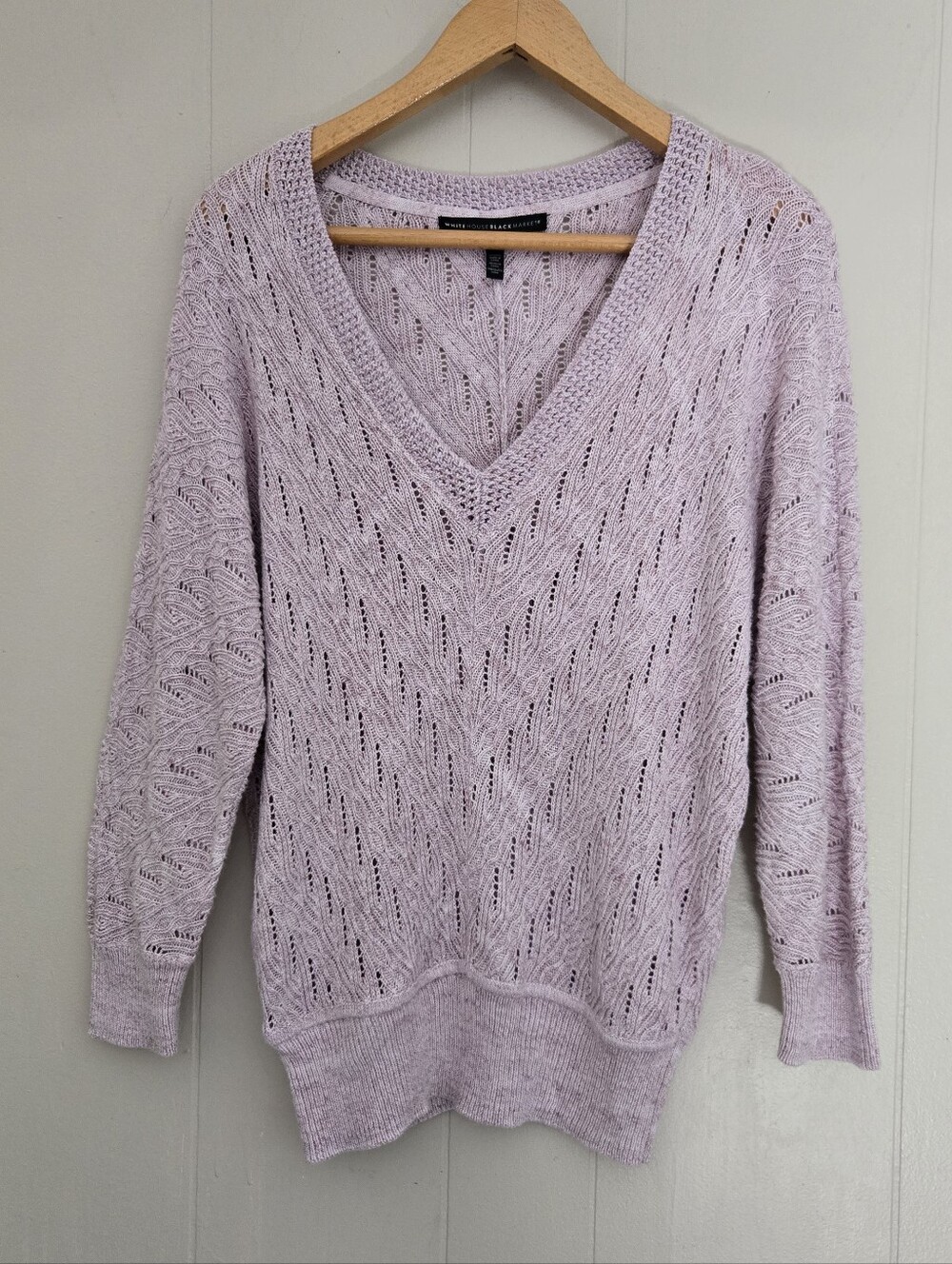 White House Black Market Lilac Purple V-neck Sweater Open Knit Size S WHBM